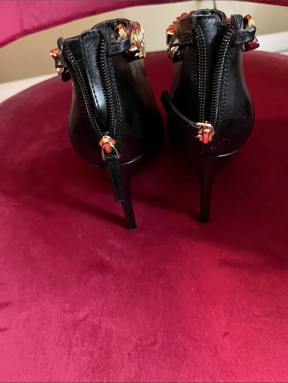 INC International Concepts Black Pointed Ankle Boots with Gold Chain Accent